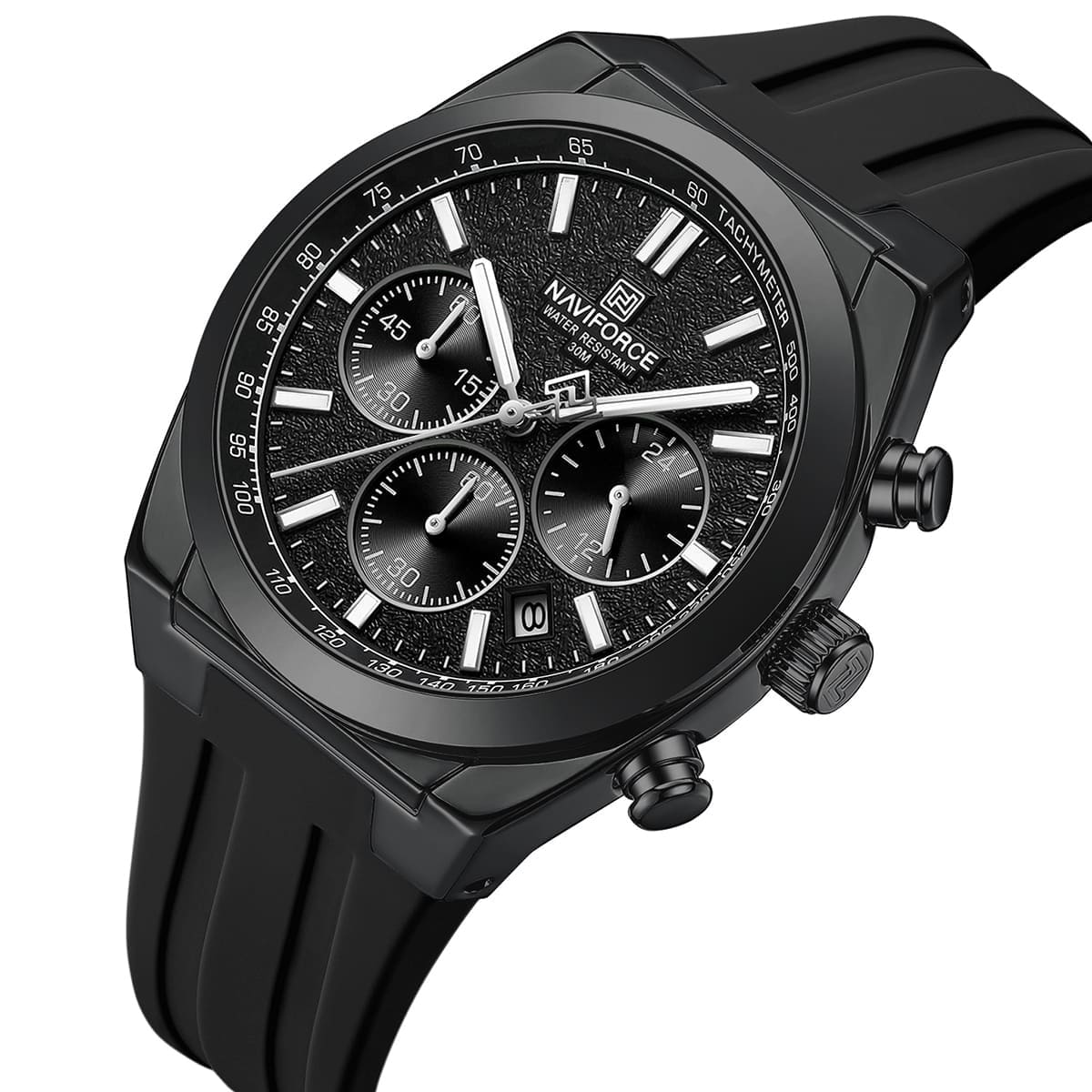 Naviforce NF8080-B-B-B Men's Chronograph Watch – Black Dial & Black Rubber Strap – view 2