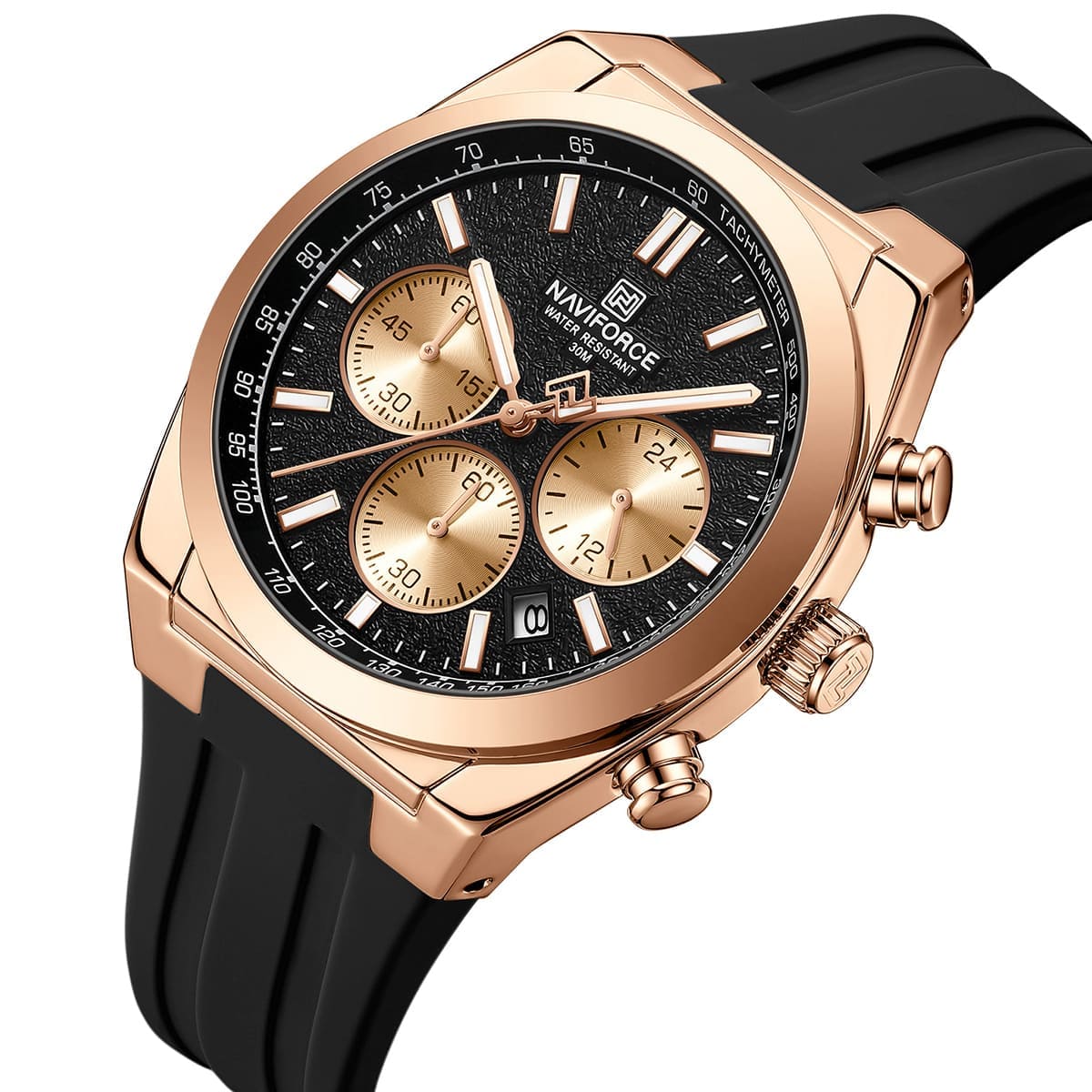 Naviforce NF8080-RG-B-B Men's Chronograph Watch – Rose Gold Case, Black Dial & Black Rubber Strap – view 2
