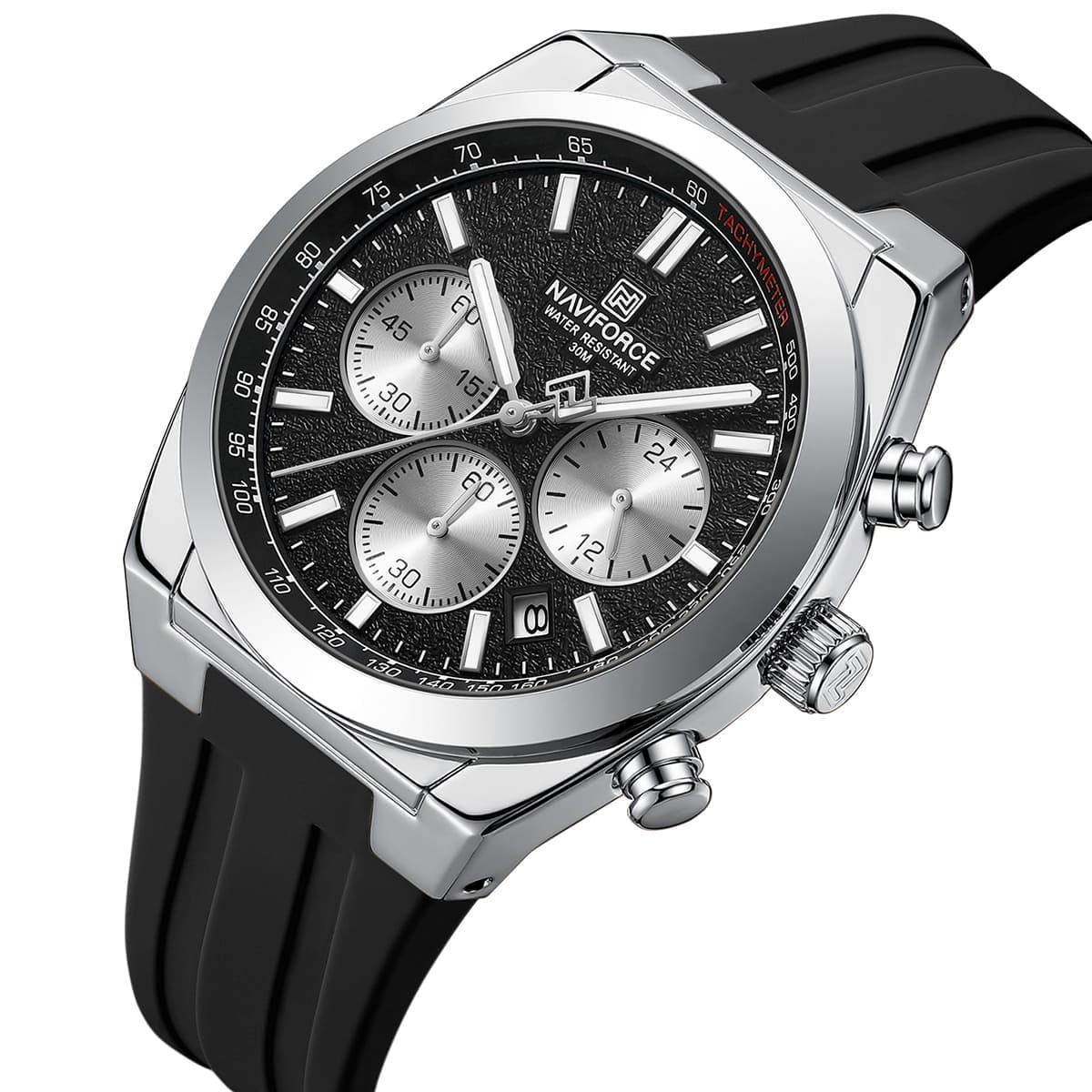 Naviforce NF8080-S-B-B Men's Chronograph Watch – Black Dial & Black Rubber Strap – view 2