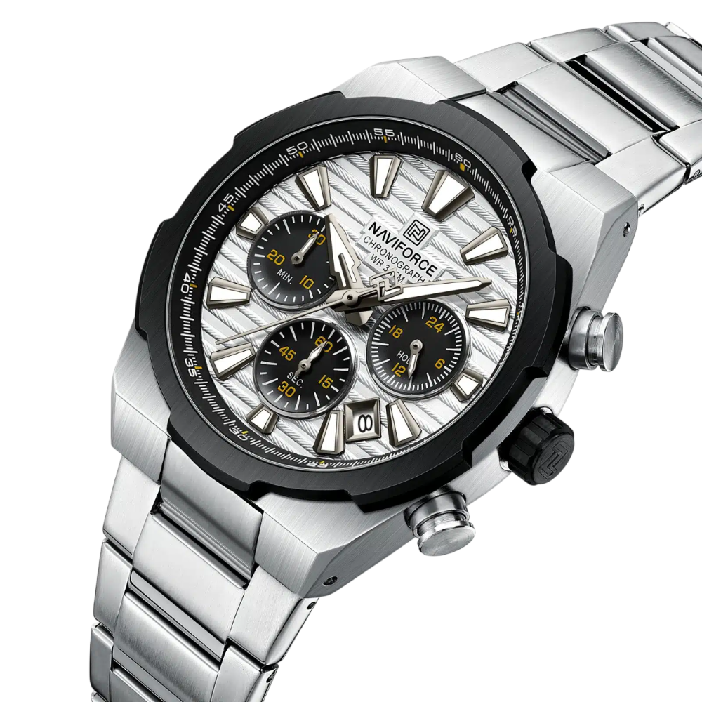 Naviforce NF8081-S-W-S Men's Chronograph Watch – White Dial & Silver Steel Strap – view 2