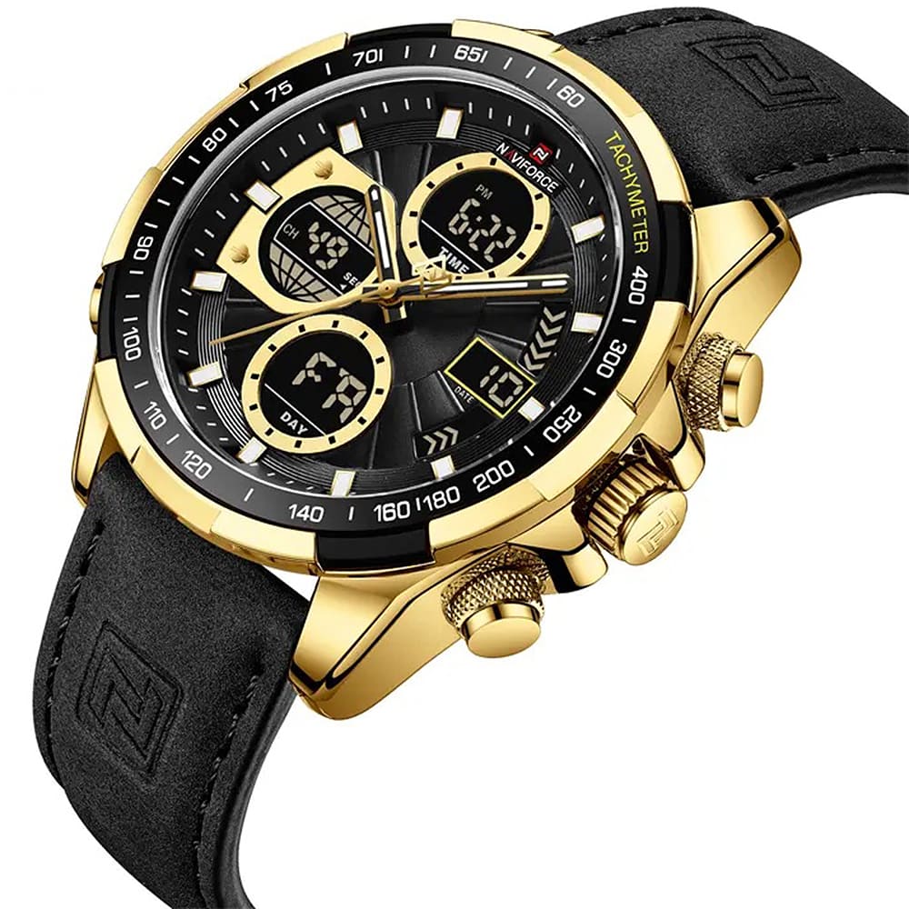 Naviforce NF9197L-G-B-B Men's Analog-Digital Watch – Black Dial & Black Leather Strap – view 2