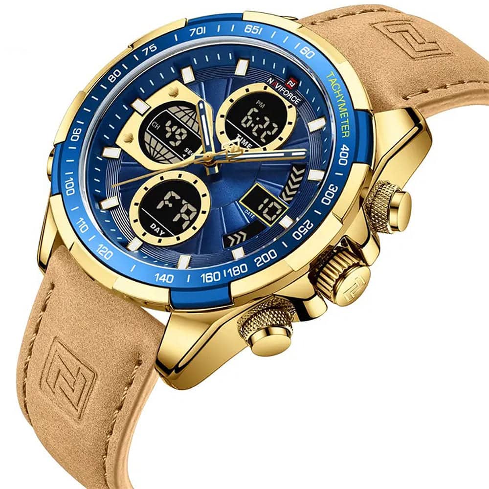 Naviforce NF9197L-G-BE-Y-BN Men's Analog-Digital Watch – Blue Dial & Brown Leather Strap – view 2