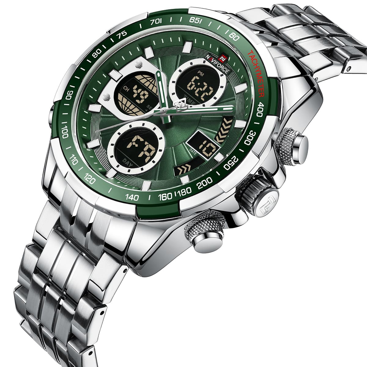 Naviforce NF9197S-S-S-GN Men's Digital-Analog Chronograph – Green Dial & Silver Steel Strap – view 2