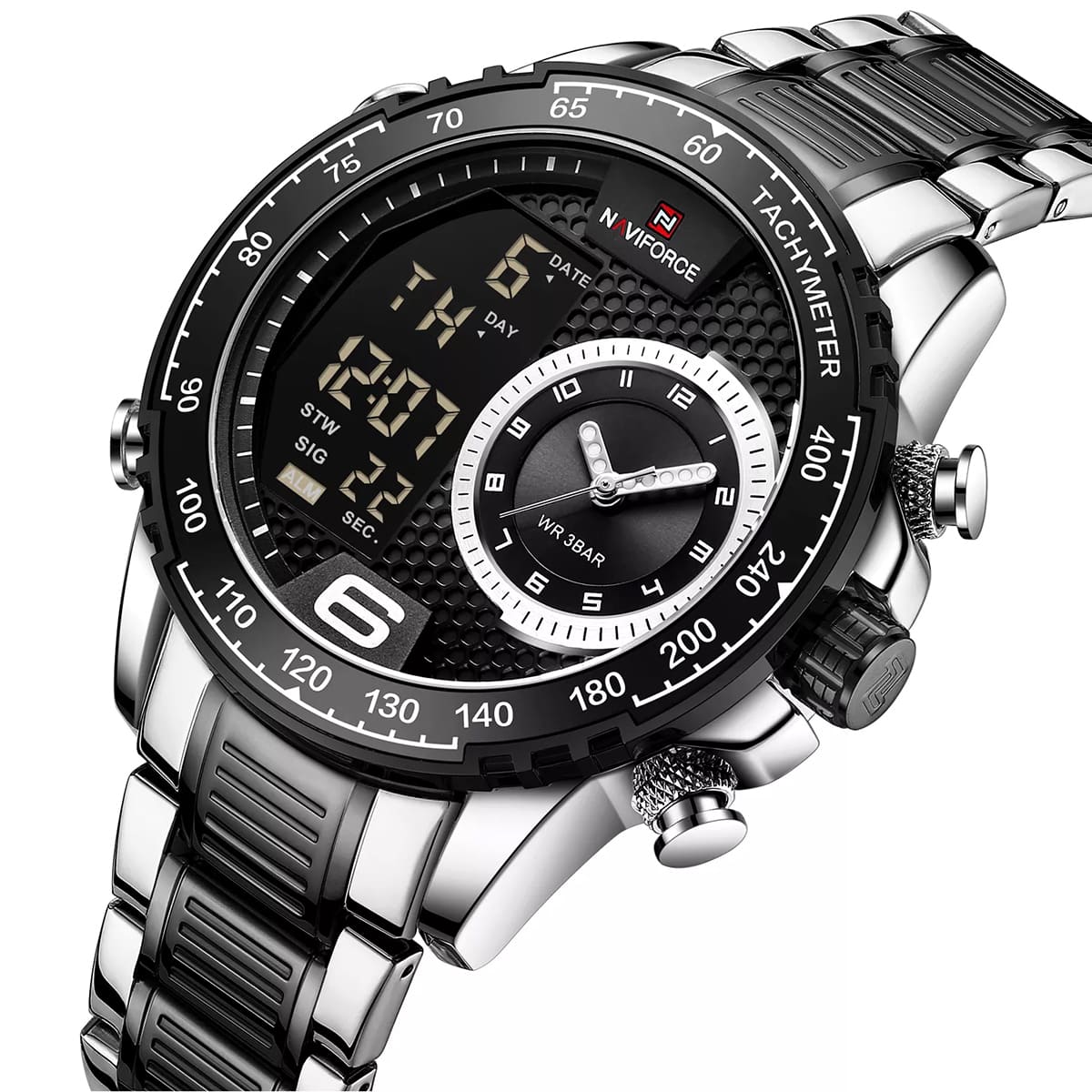 Naviforce NF9199S-S-B Men's Round Digital-Analog Watch – Silver Case, Black Dial & Silver & Black Metal Strap – view 2