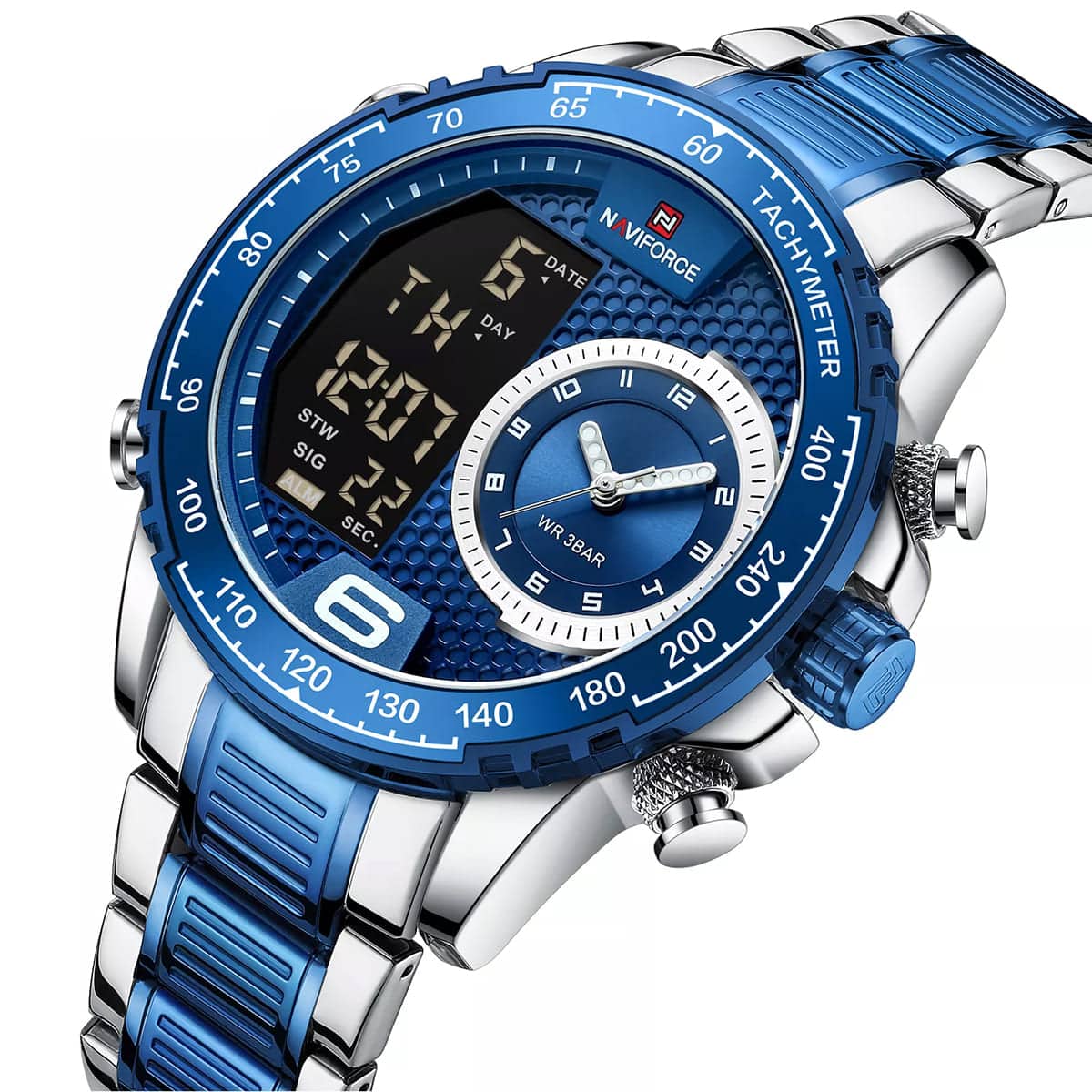 Naviforce NF9199S-S-BE Men's Round Digital-Analog Watch – Silver Case, Blue Dial & Silver & Blue Metal Strap – view 2
