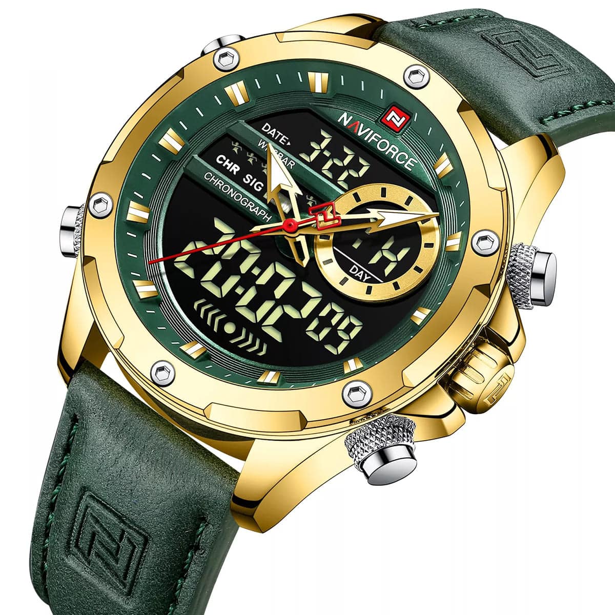 Naviforce NF9208-G-GN-GN Men's Digital-Analog Watch – Gold Case, Green Dial & Green Leather Strap – view 2