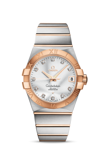 Omega Constellation 123.20.38.21.52.001 men's automatic watch, 38mm two-tone stainless steel and rose gold-tone case, silver dial, Roman numeral bezel, two-tone rose gold bracelet – full front view