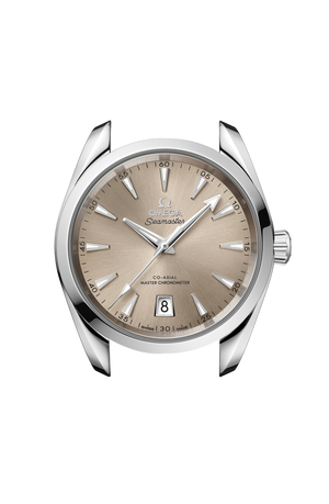 Omega Seamaster Aqua Terra Shades 220.10.38.20.09.001 automatic watch, 38mm stainless steel case, sandstone dial, steel bracelet – side angle view