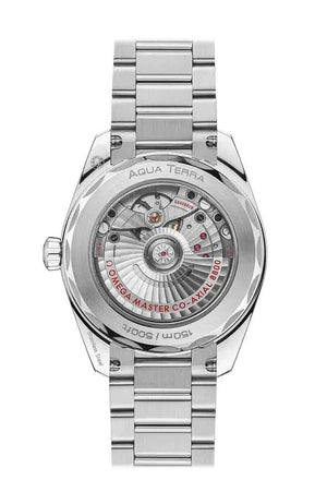 Omega Seamaster Aqua Terra Shades 220.10.38.20.12.001 automatic watch, 38mm stainless steel case, orange dial, steel bracelet – caseback movement view