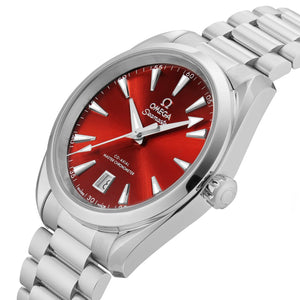 Omega Seamaster Aqua Terra Shades 220.10.38.20.13.003 automatic watch, 38mm stainless steel case, terracotta dial, steel bracelet – dial angle close-up