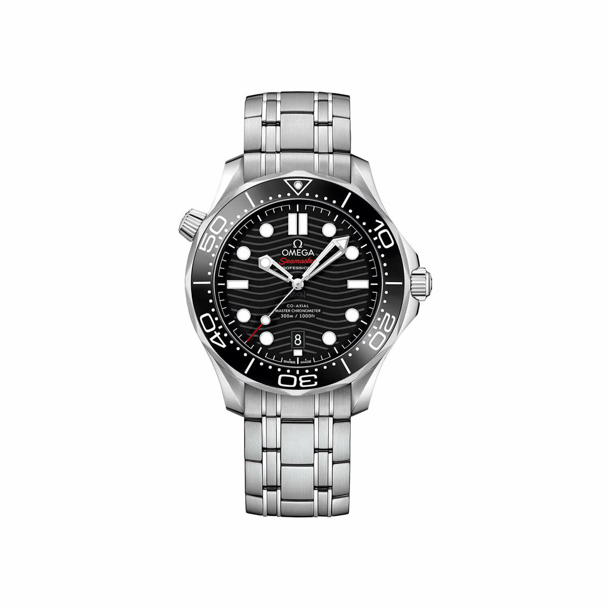 Omega Seamaster Diver 300M men's automatic watch, 42mm stainless steel case, black dial, steel bracelet – full front view