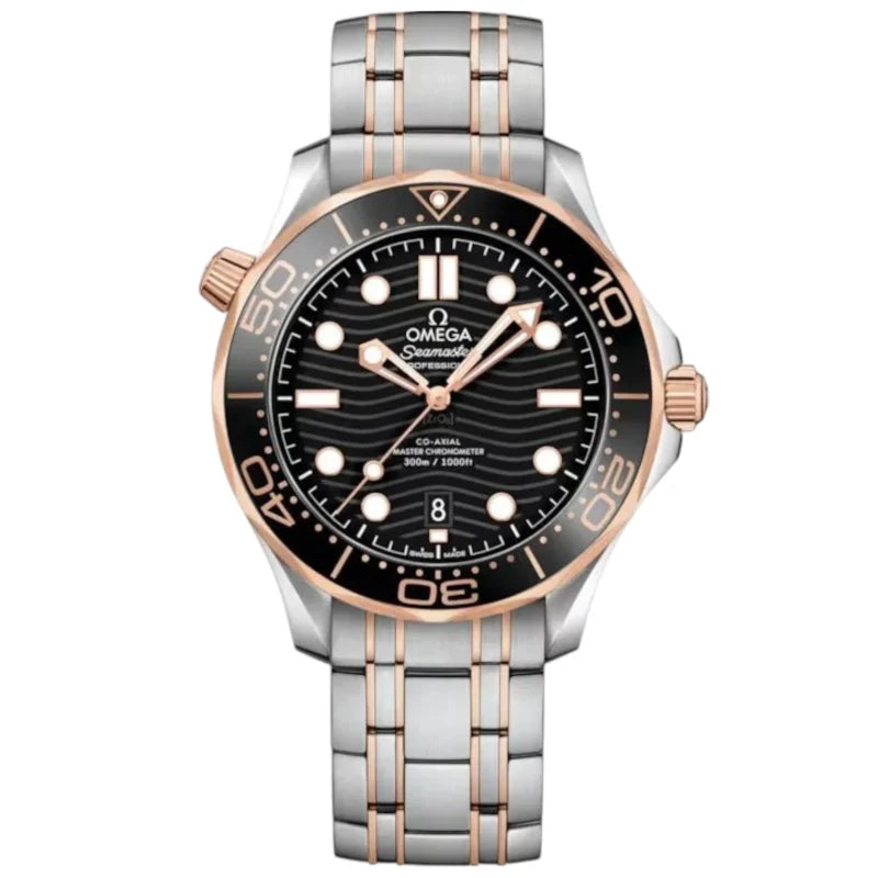 Omega Seamaster Diver 300M men's automatic watch, 42mm steel and yellow gold case, black dial, two-tone bracelet – full front view