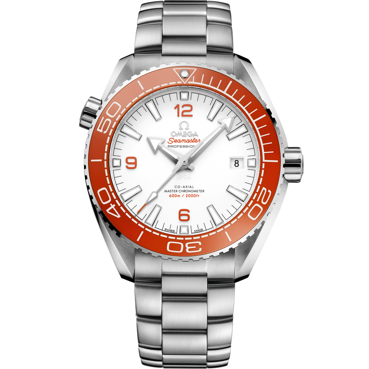 Omega Seamaster Planet Ocean men's automatic watch, 43.5mm stainless steel case, white dial, orange bezel, steel bracelet – full front view