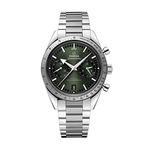 Omega Speedmaster '57 men's chronograph watch, 40.5mm stainless steel case, green dial, steel bracelet – full front view
