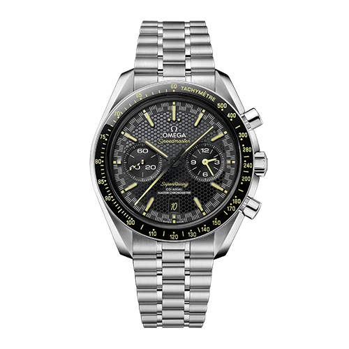 Omega Speedmaster Super Racing men's chronograph watch, 44.25mm stainless steel case, black dial, steel bracelet – full front view