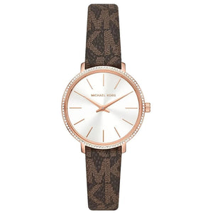 Michael Kors analog watch with a white dial, rose gold case, and a brown monogram patterned strap, shown against a plain white background.