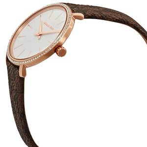 Watch with brown strap and rose gold casing on a white background
