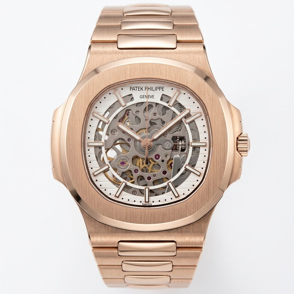 Patek Philippe Nautilus 40mm Men's Automatic Watch – White Skeleton Dial & Rose Gold Strap – view 2