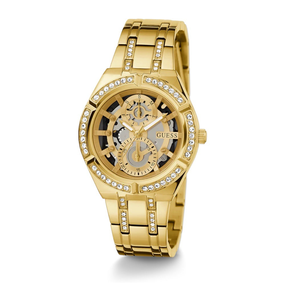 Guess Allara GW0604L2 women's watch - transparent skeleton dial gold steel strap