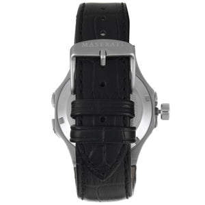 Silver-tone buckle clasp on Maserati Potenza R8821108031 men's automatic black leather strap watch