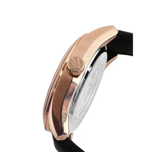 Right angled view of Maserati Epoca R8821118001 automatic watch highlighting rose gold finish and movement details