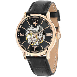 Maserati Epoca R8821118001 men's automatic watch with black skeleton dial, rose gold-tone case, black alligator-pattern leather strap main view