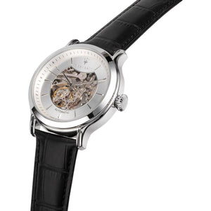 Right angled view of Maserati Epoca R8821118005 automatic watch highlighting silver finish and movement details
