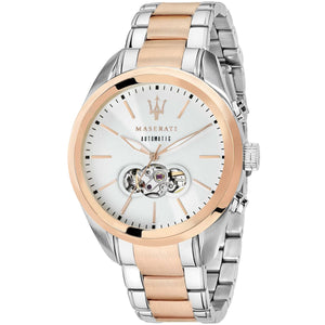 Maserati Traguardo R8823112001 men's automatic watch with white open heart dial, rose gold-tone bezel, silver and rose gold-tone case, two-tone stainless steel bracelet main view