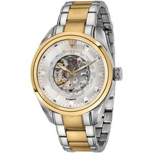 Maserati Traguardo R8823112003 men's automatic watch with white open heart dial, gold-tone bezel, silver and gold-tone case, two-tone stainless steel bracelet main view