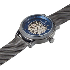 Right angled view of Maserati Epoca R8823118006 automatic watch highlighting gunmetal finish and mechanical movement details