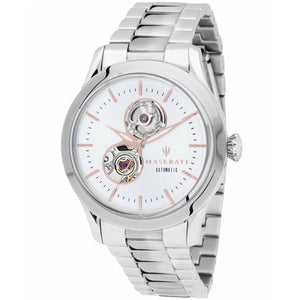 Maserati Tradizione R8823125001 men's automatic watch with white dual open heart dial, silver-tone case, silver stainless steel bracelet main view