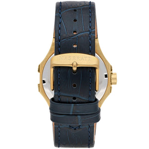 Gold-tone buckle clasp on Maserati Potenza R8851108035 men's quartz battery blue leather strap watch