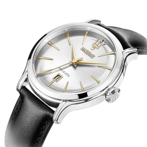 Left angled view of Maserati Epoca R8851118002 men's quartz battery watch showing black leather strap and silver-tone case profile
