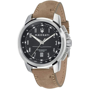 Maserati Successo R8851121004 men's quartz battery watch with black racing dial, silver-tone case, beige leather strap main view