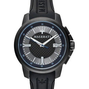 Right angled view of Maserati Sfida R8851123004 men's quartz battery watch highlighting black finish and blue dial details