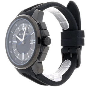 Side profile of Maserati Sfida R8851123004 men's quartz battery watch showing 11.5mm thickness and black finish