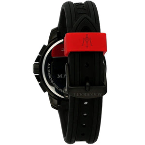 Black-tone buckle clasp on Maserati Sfida R8851123007 men's quartz battery black rubber strap watch