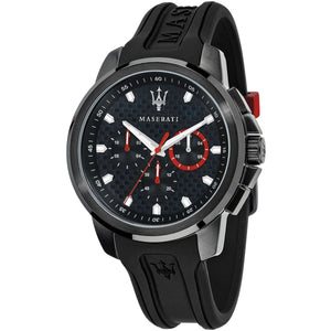 Maserati Sfida R8851123007 men's quartz battery watch with black carbon fiber dial, all-black PVD case, black rubber strap main view