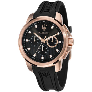 Left angled view of Maserati Sfida R8851123008 men's quartz battery watch showing black rubber strap and rose gold-tone case profile