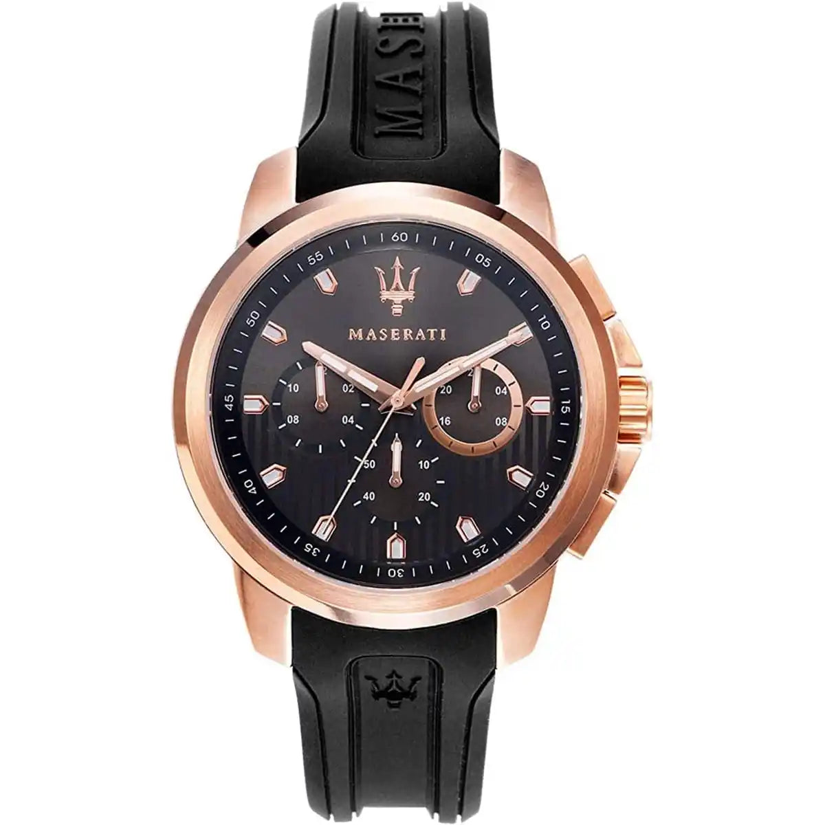 Maserati Sfida R8851123008 men's quartz battery watch with black striped dial, rose gold-tone case, black rubber strap main view