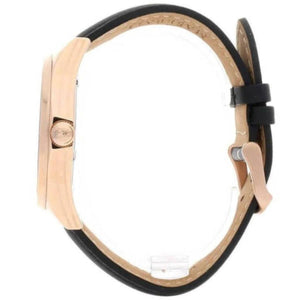 Left angled view of Maserati Circuito R8851127001 men's quartz battery watch showing black leather strap and rose gold-tone case profile