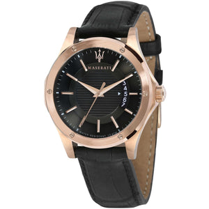 Maserati Circuito R8851127001 men's quartz battery watch with black linear textured dial, vertical date window, rose gold-tone case, black alligator-pattern leather strap main view