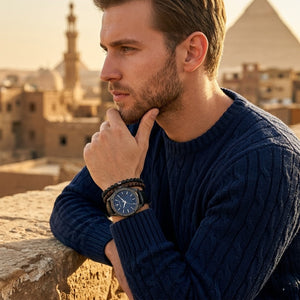 Elegant man wearing Maserati Circuito R8851127002 men's quartz battery watch with gunmetal case and luxury blue dial