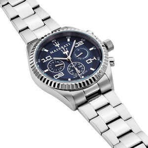 Right angled view of Maserati Competizione R8853100011 men's quartz battery watch highlighting fluted bezel and day-date sub-dial details