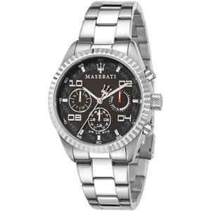 Maserati Competizione R8853100012 men's quartz battery watch with black carbon fiber multi-function dial, fluted bezel, silver-tone case, silver stainless steel bracelet main view