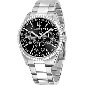 Maserati Competizione R8853100014 men's watch with silver fluted bezel, black sunray dial, and stainless steel bracelet