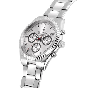 Left angled view of Maserati Competizione R8853100018 men's quartz battery watch showing silver stainless steel bracelet and case profile