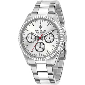 Maserati Competizione R8853100018 men's quartz battery watch with silver multi-function dial, fluted bezel, silver-tone case, silver stainless steel bracelet main view