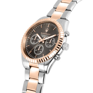 Left angled view of Maserati Competizione R8853100020 men's quartz battery watch showing two-tone stainless steel bracelet and case profile