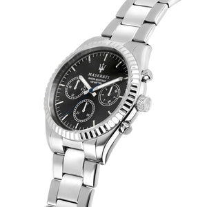 Right angled view of Maserati Competizione R8853100023 men's quartz battery watch highlighting fluted bezel and day-date sub-dial details